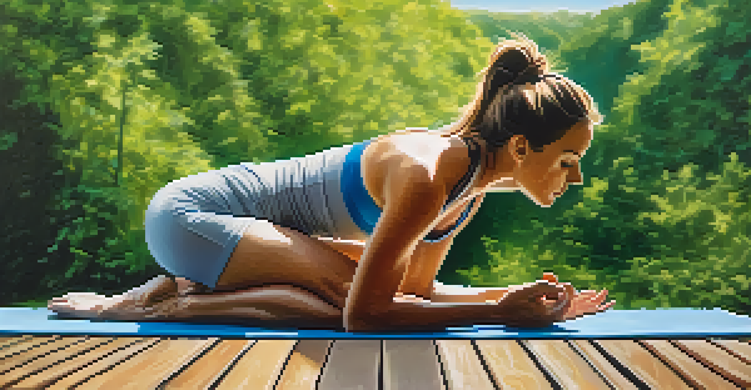 A person practicing the Triangle Pose outdoors on a yoga mat, surrounded by green trees and a bright blue sky.