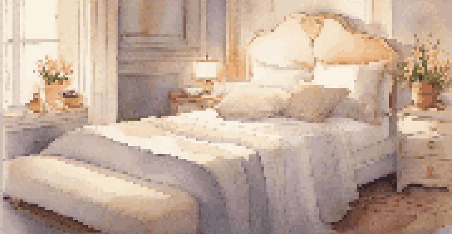 A cozy bedroom with a pillow and neroli oil drops nearby, softly lit with warm lighting and floral decorations.