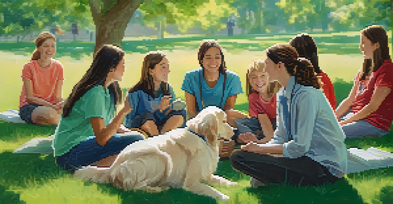 Students in a circle interacting with a therapy dog outdoors, guided by a mental health professional in a sunny school setting.