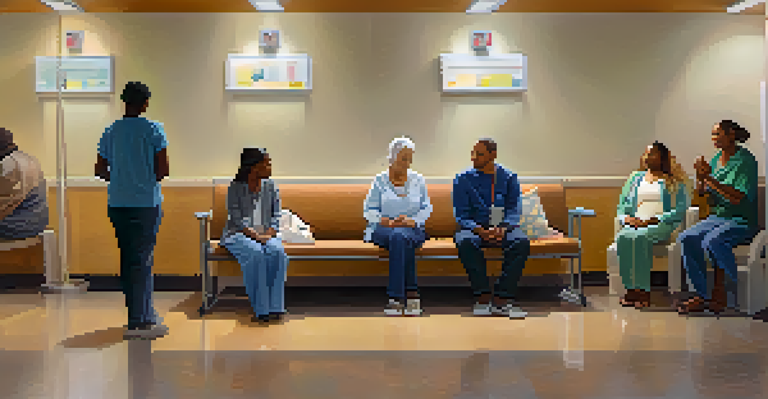 Family members holding hands in prayer in a hospital waiting area, showing support for a loved one undergoing treatment.