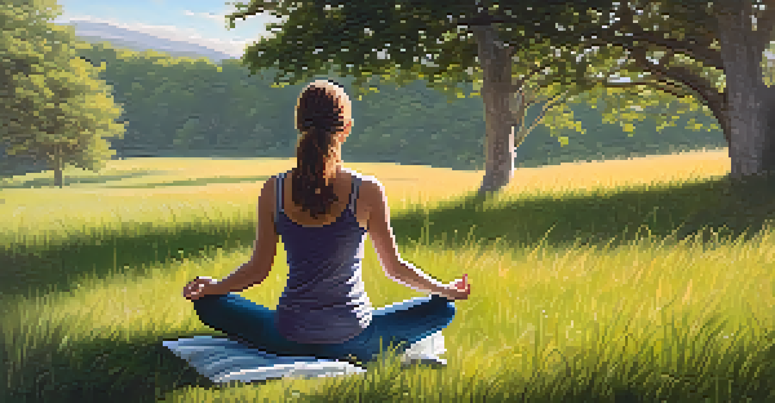 A person practicing mindfulness outdoors on a grassy hill, bathed in sunlight, conveying a sense of calm and relaxation.