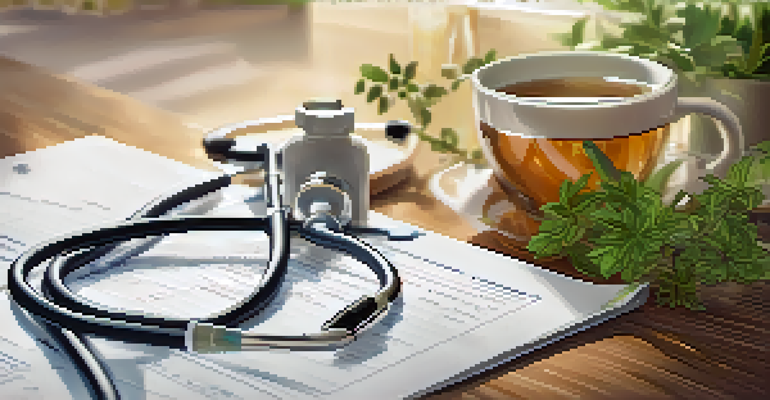 A health screening report next to a stethoscope and a cup of herbal tea on a table.