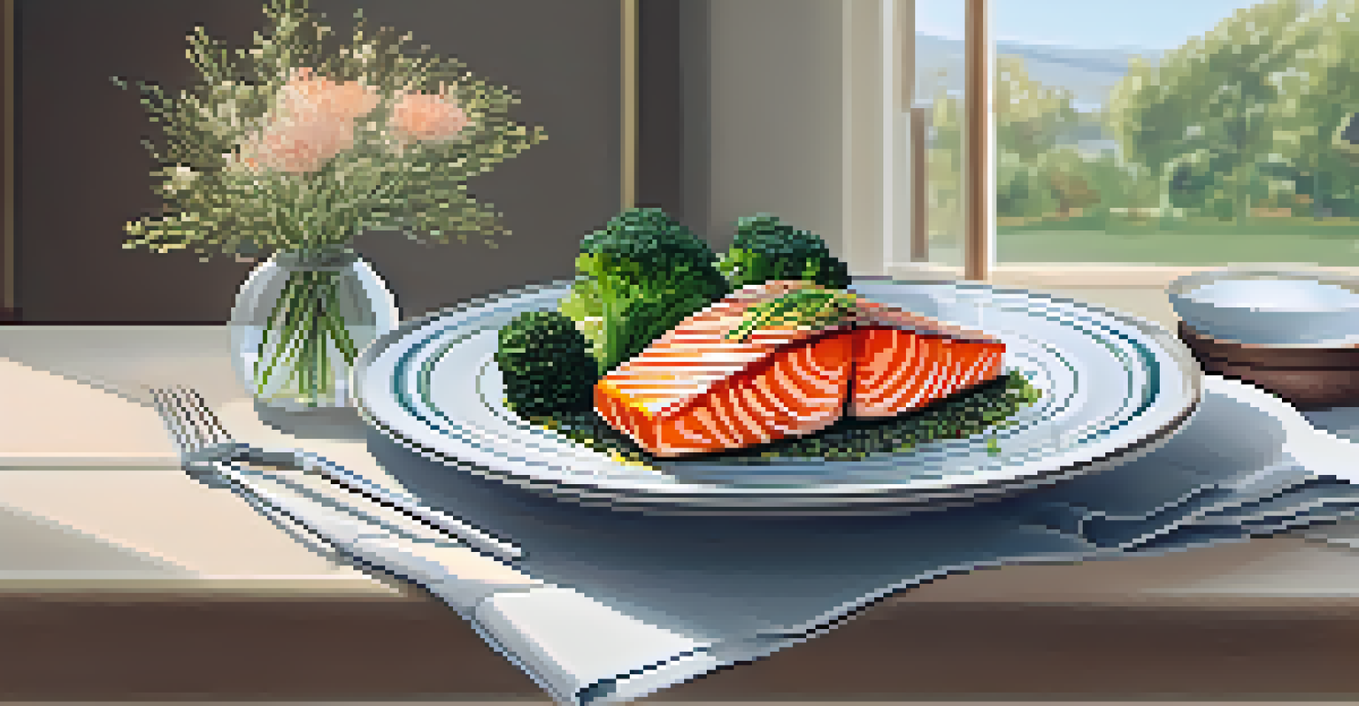A dining table elegantly set for a mindful eating experience with a healthy meal of grilled salmon and vegetables.