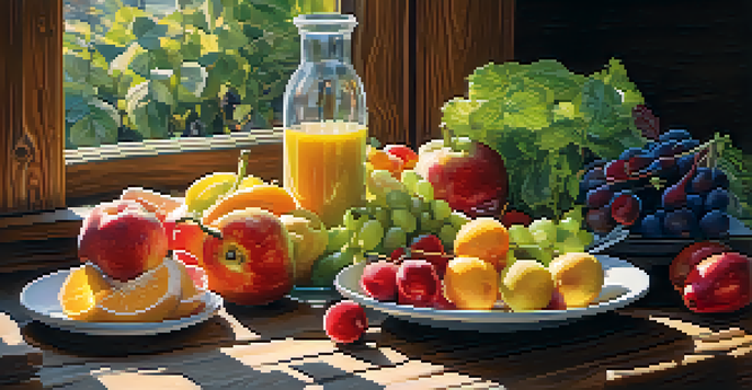 A colorful, healthy meal displayed on a rustic wooden table, showcasing fresh fruits, vegetables, proteins, and grains, illuminated by soft sunlight.