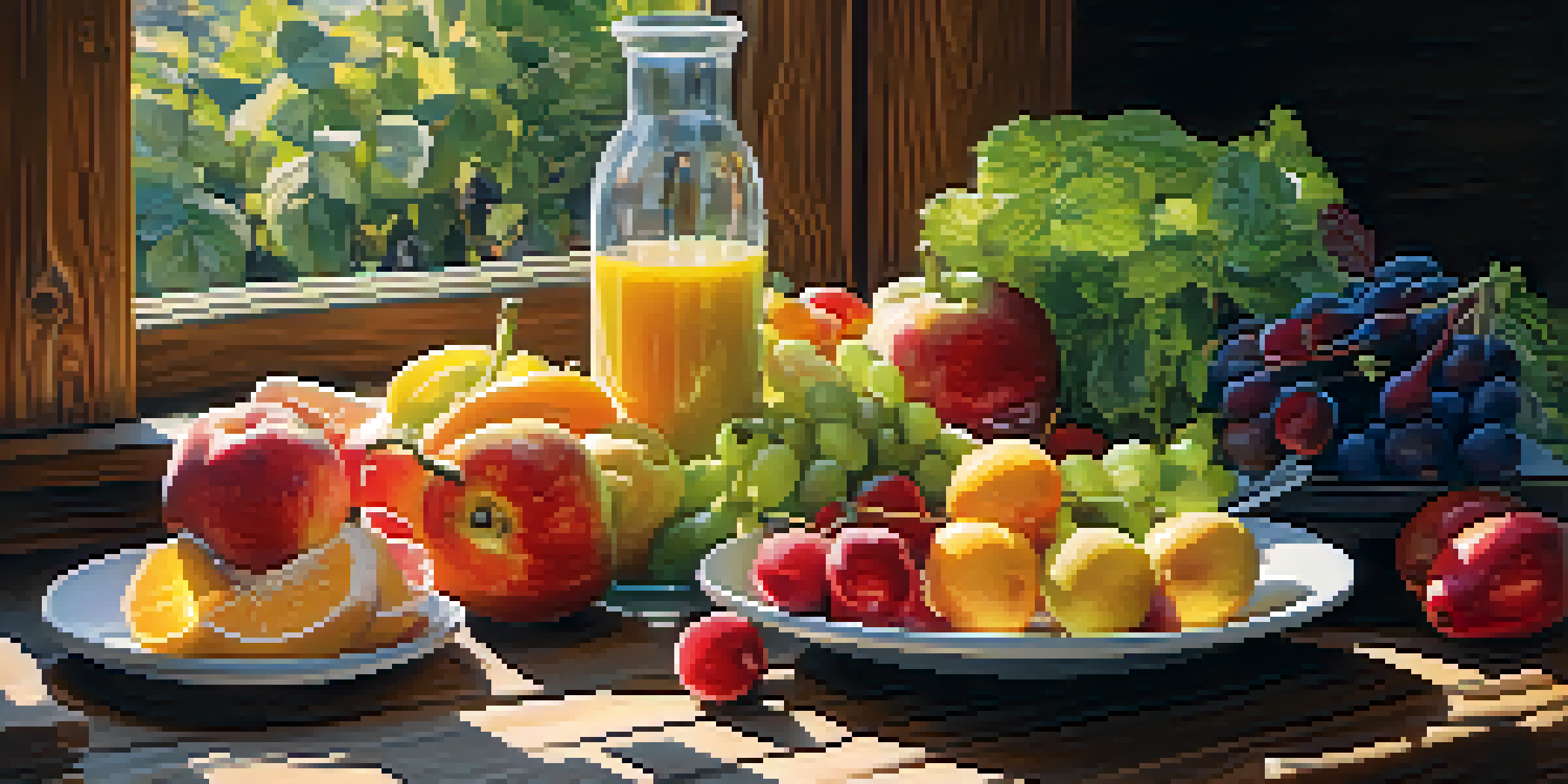 A colorful, healthy meal displayed on a rustic wooden table, showcasing fresh fruits, vegetables, proteins, and grains, illuminated by soft sunlight.