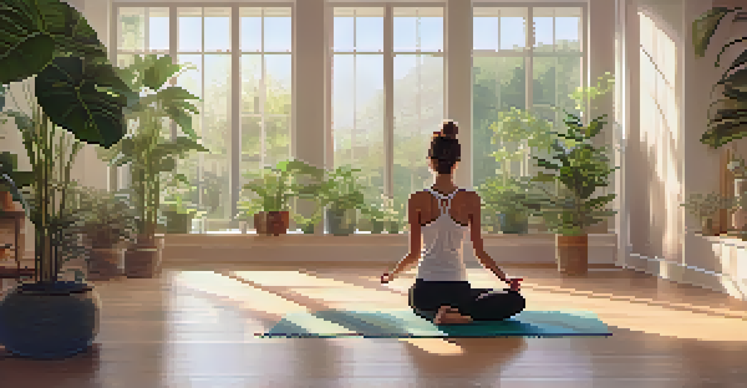 A person practicing yoga in a bright studio filled with plants, showcasing a peaceful environment.