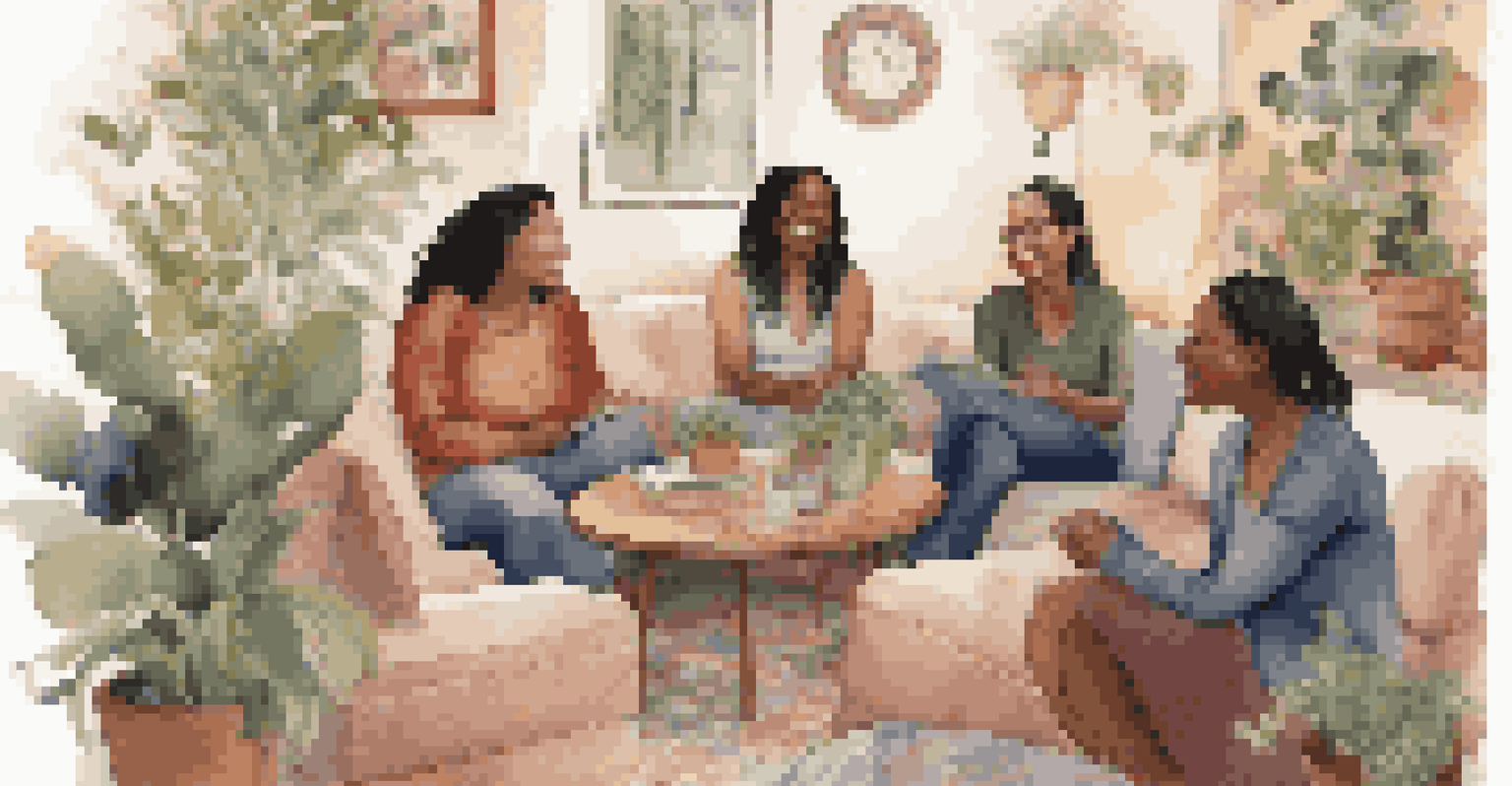 A diverse group of women gathered in a cozy circle, sharing stories and laughter in a supportive and warm environment.