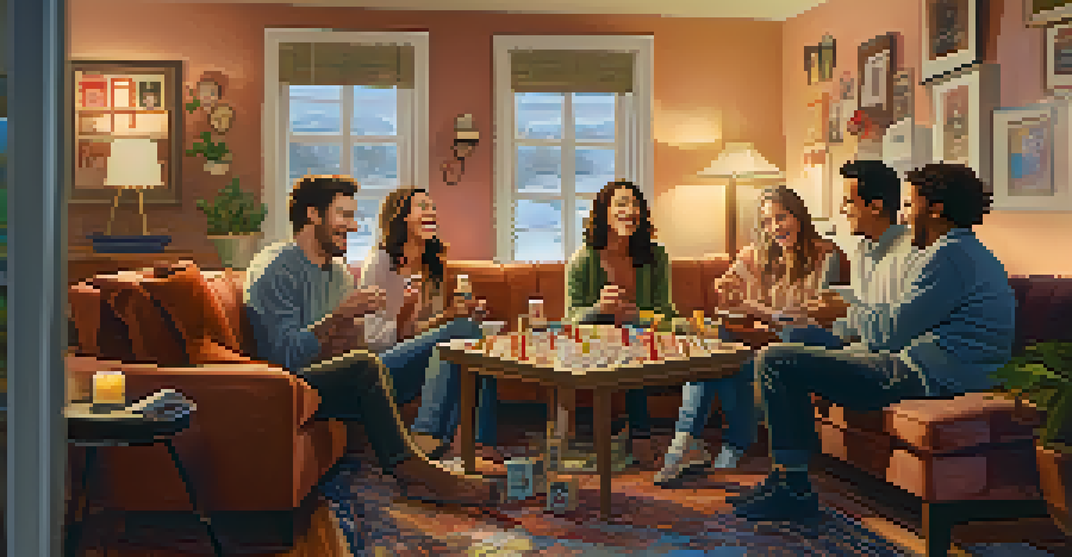 Friends enjoying a board game in a cozy living room, filled with laughter and snacks.