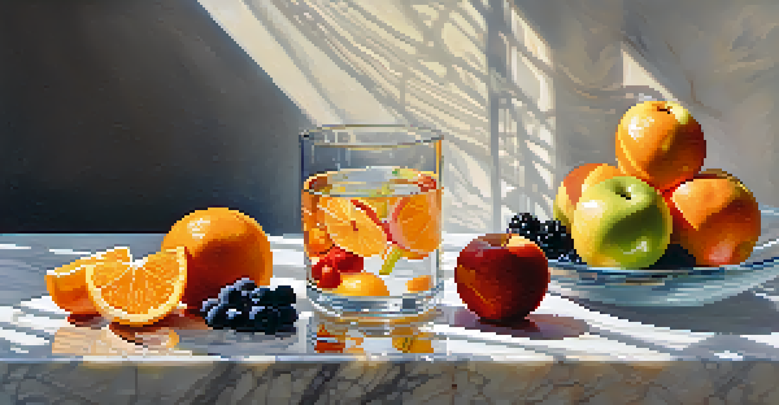 A still life of a glass of water next to various fruits on a marble countertop, showcasing the importance of hydration.