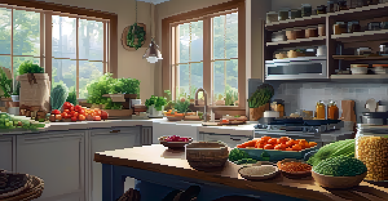 A cozy kitchen with a person meal prepping whole foods, surrounded by ingredients like quinoa, vegetables, and fruits in warm lighting.