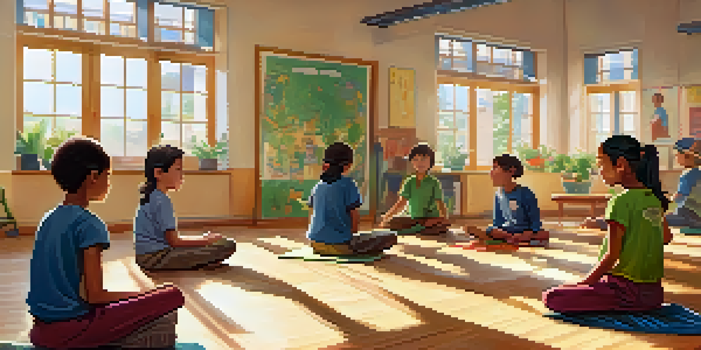 A classroom with students participating in a mindfulness activity, sitting in a circle with their eyes closed as sunlight illuminates the room.