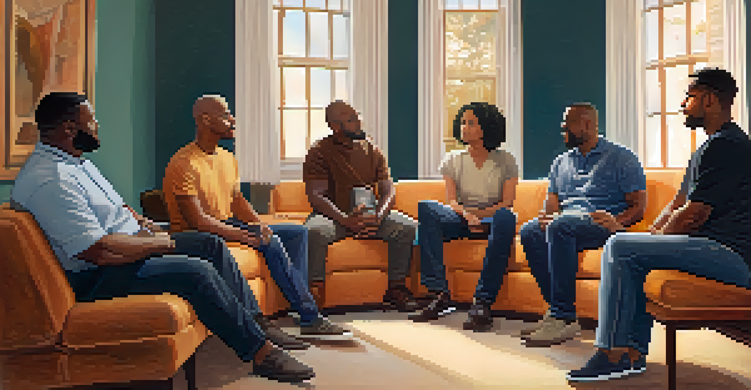 A group of diverse individuals seated in a circle, participating in a supportive therapy session.