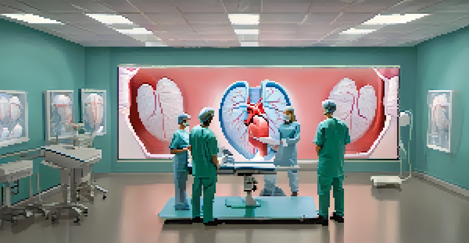 Medical trainees practicing surgery with augmented reality systems in a modern simulation lab, with a 3D heart model on a screen.