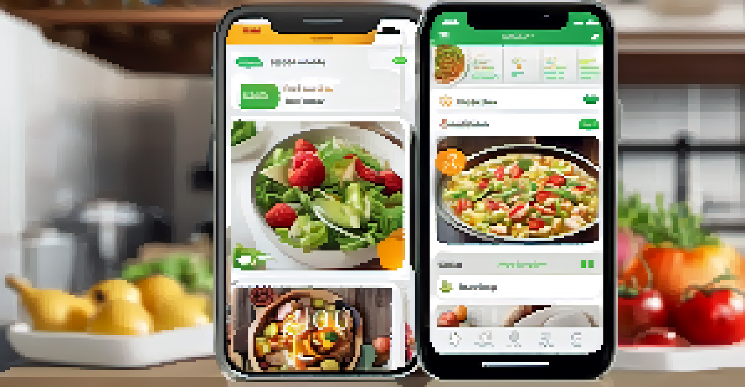 A close-up of a smartphone showing a food logging app with healthy meals in a bright kitchen.