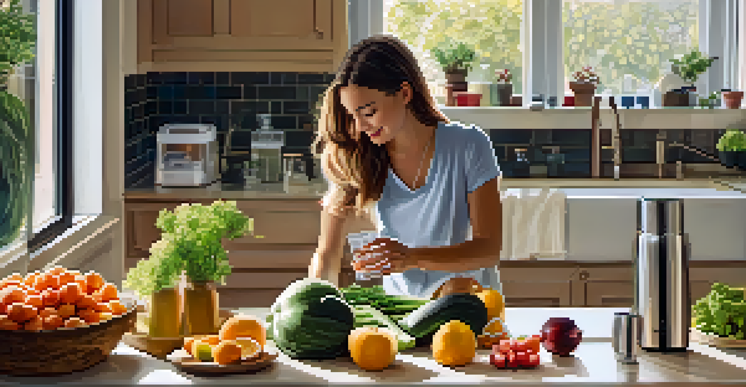 A person filling a reusable water bottle in a cozy kitchen surrounded by fresh fruits and vegetables.
