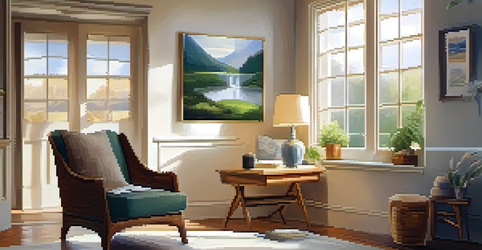 A tranquil therapy room filled with natural light, featuring a comfortable armchair and calming nature paintings on the walls.