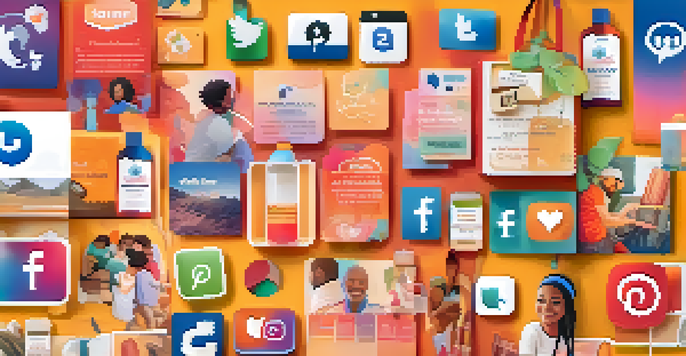 A colorful social media feed filled with diverse users sharing positive vaccination experiences, with social media icons in the background.