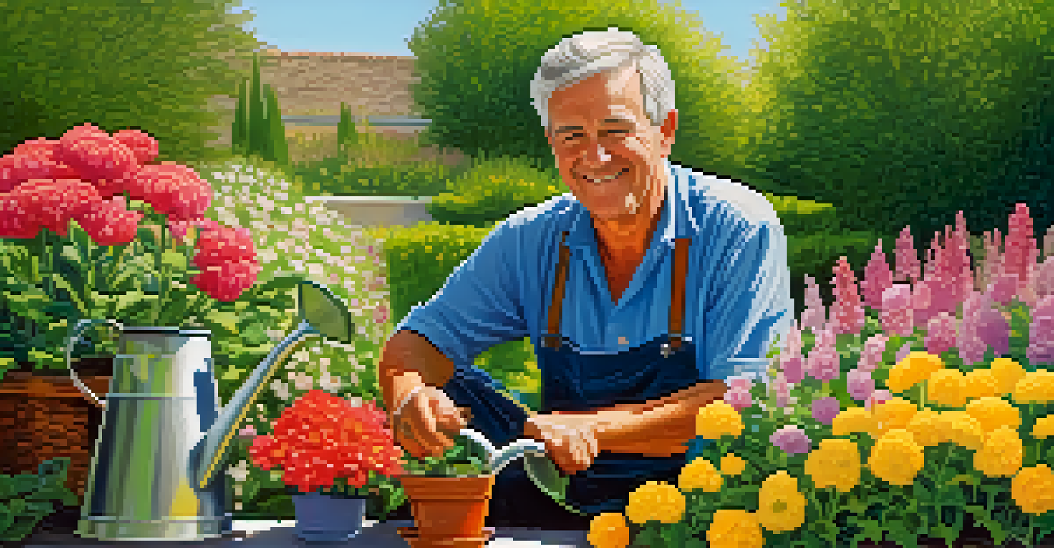 A gardener smiling while watering colorful flowers in a sunny garden, symbolizing growth and resilience.