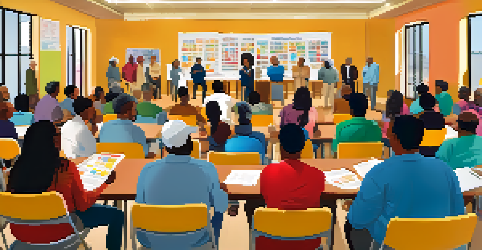 A community meeting with residents participating in budgeting for health services, showcasing active engagement and discussion.