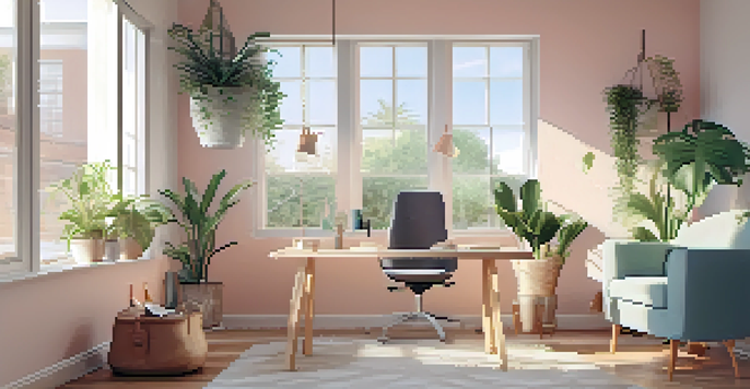 A peaceful office relaxation corner with plants, natural light, and ergonomic furniture.
