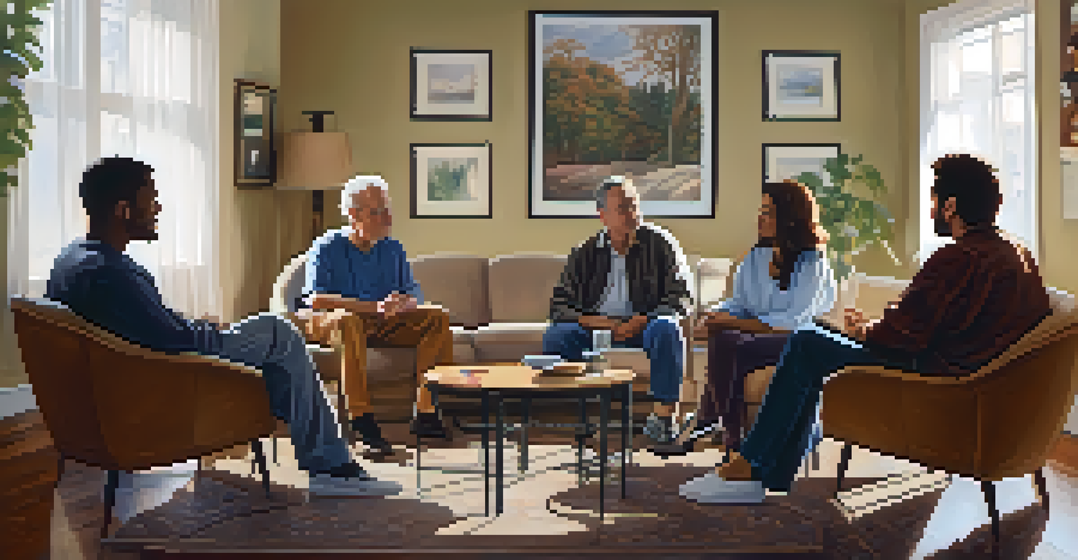 A support group meeting with individuals seated in a circle, sharing experiences in a warm and inviting setting.
