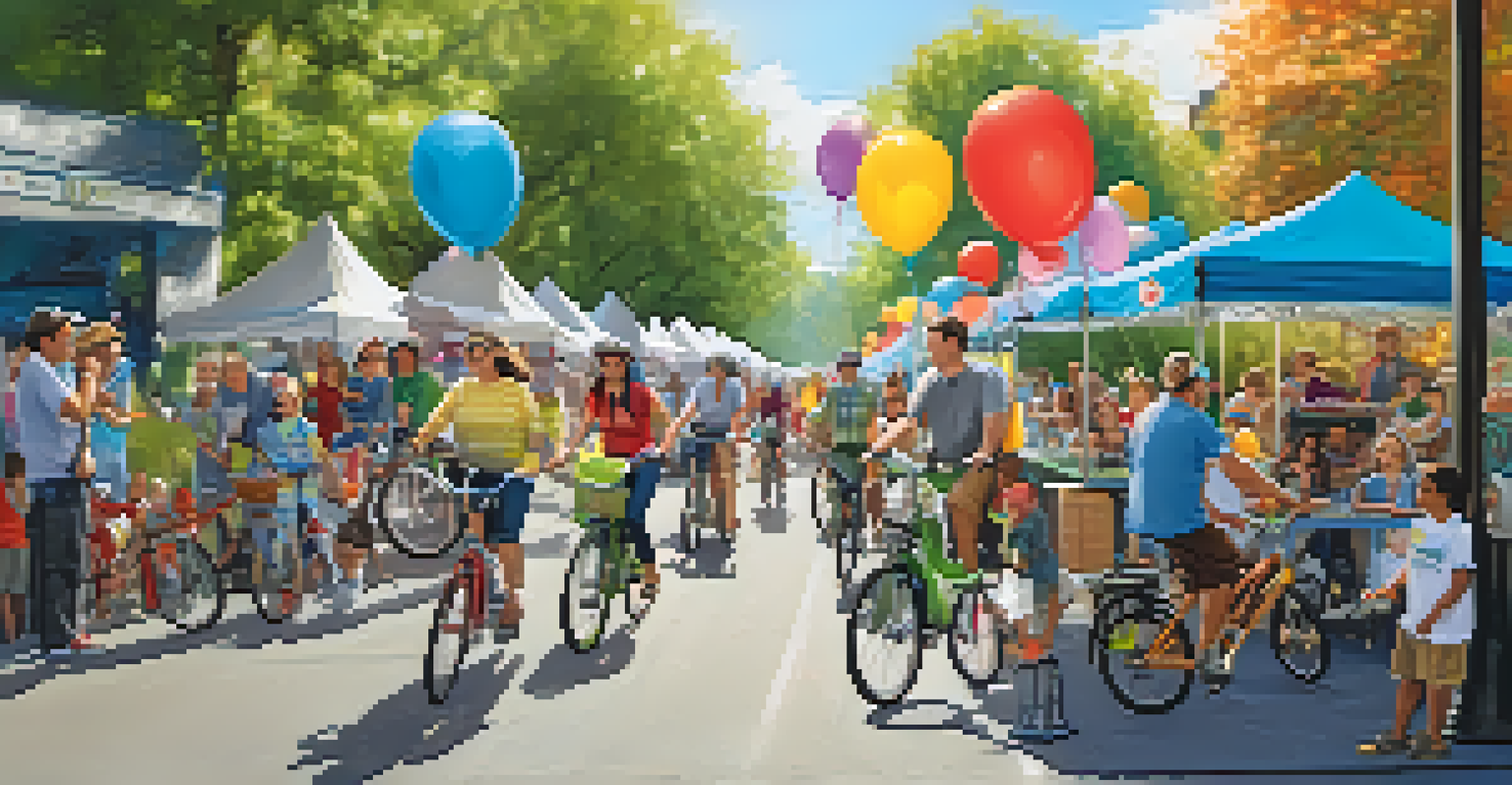 Families enjoying a community biking event with banners and balloons, featuring people of various ages riding bicycles.