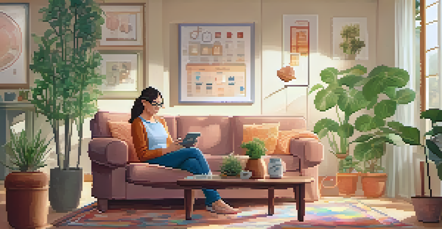A middle-aged woman uses a mobile health app in a cozy living room, focusing on medication reminders and health tracking.