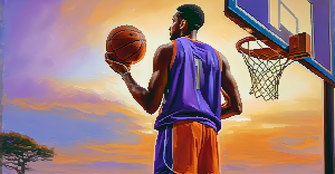A basketball player at the free-throw line, intensely focused on the hoop, with a sunset in the background.