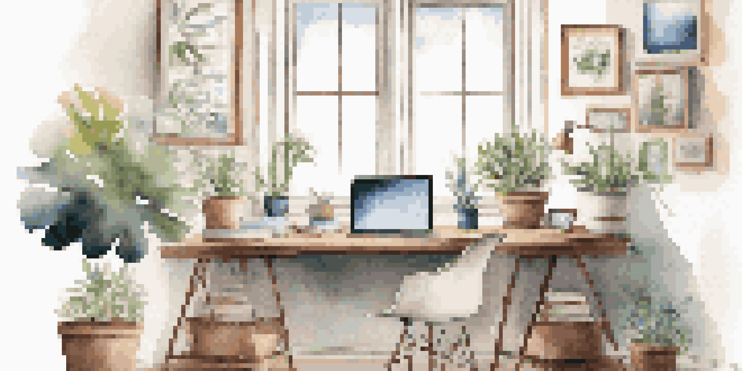 A clean and organized home office with a laptop and a plant, illuminated by natural light.