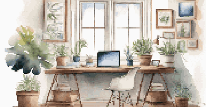 A clean and organized home office with a laptop and a plant, illuminated by natural light.