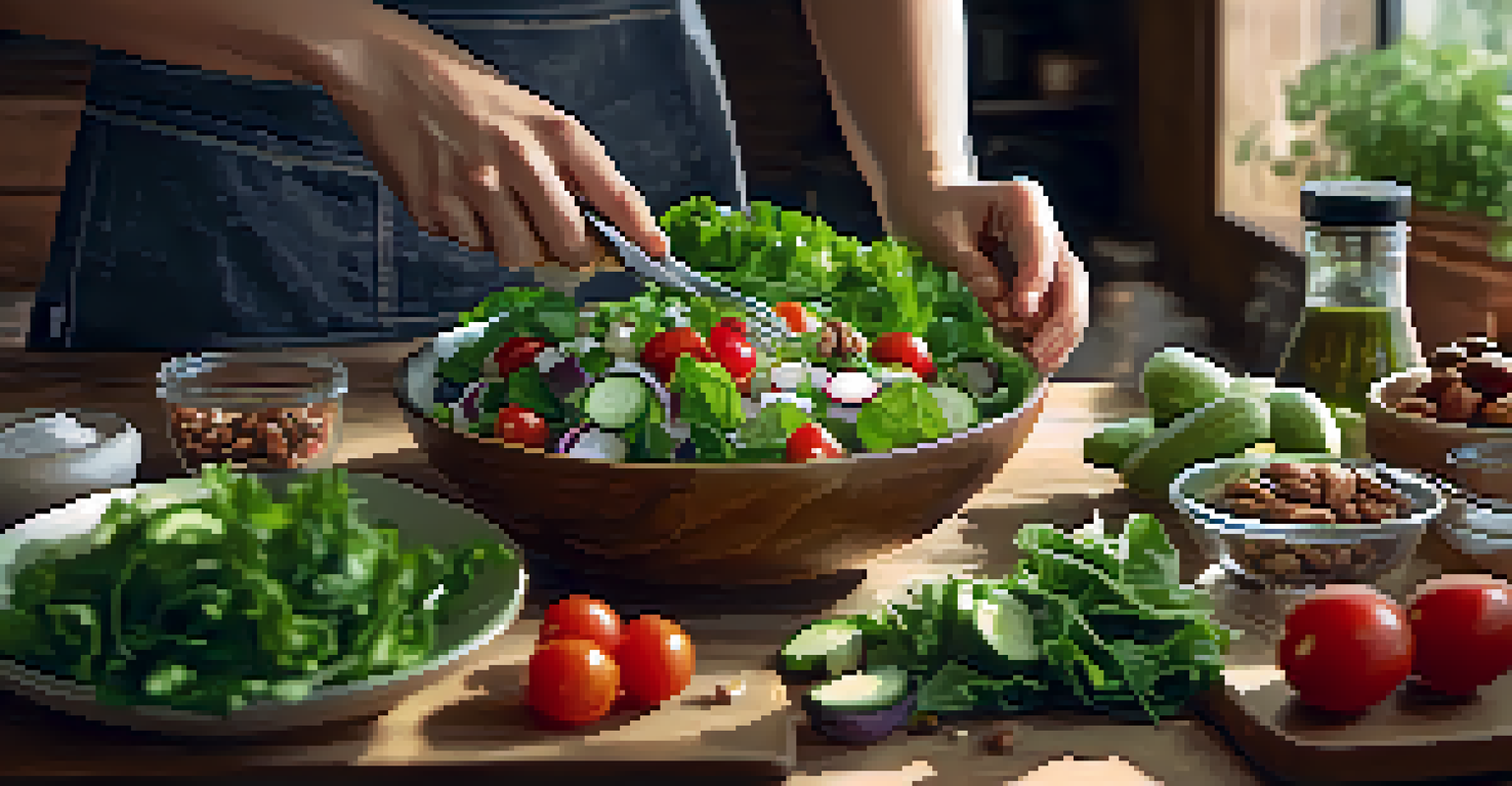 Hands preparing a fresh salad with greens, tomatoes, cucumbers, and nuts in a rustic kitchen setting.