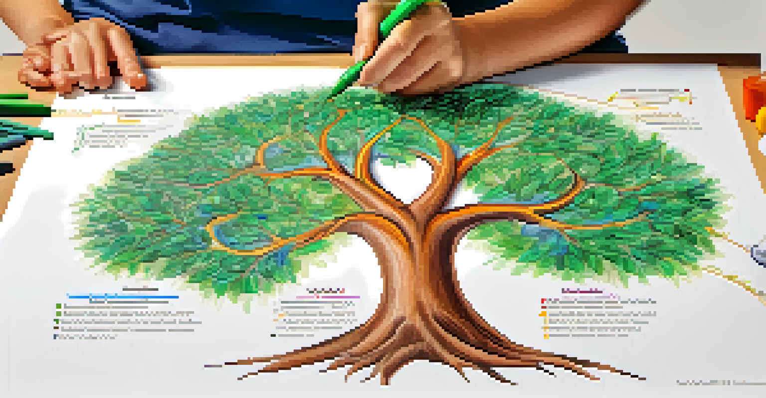 A hand drawing a family health tree on paper, with colorful markers illustrating health conditions and family connections in a well-lit workspace.