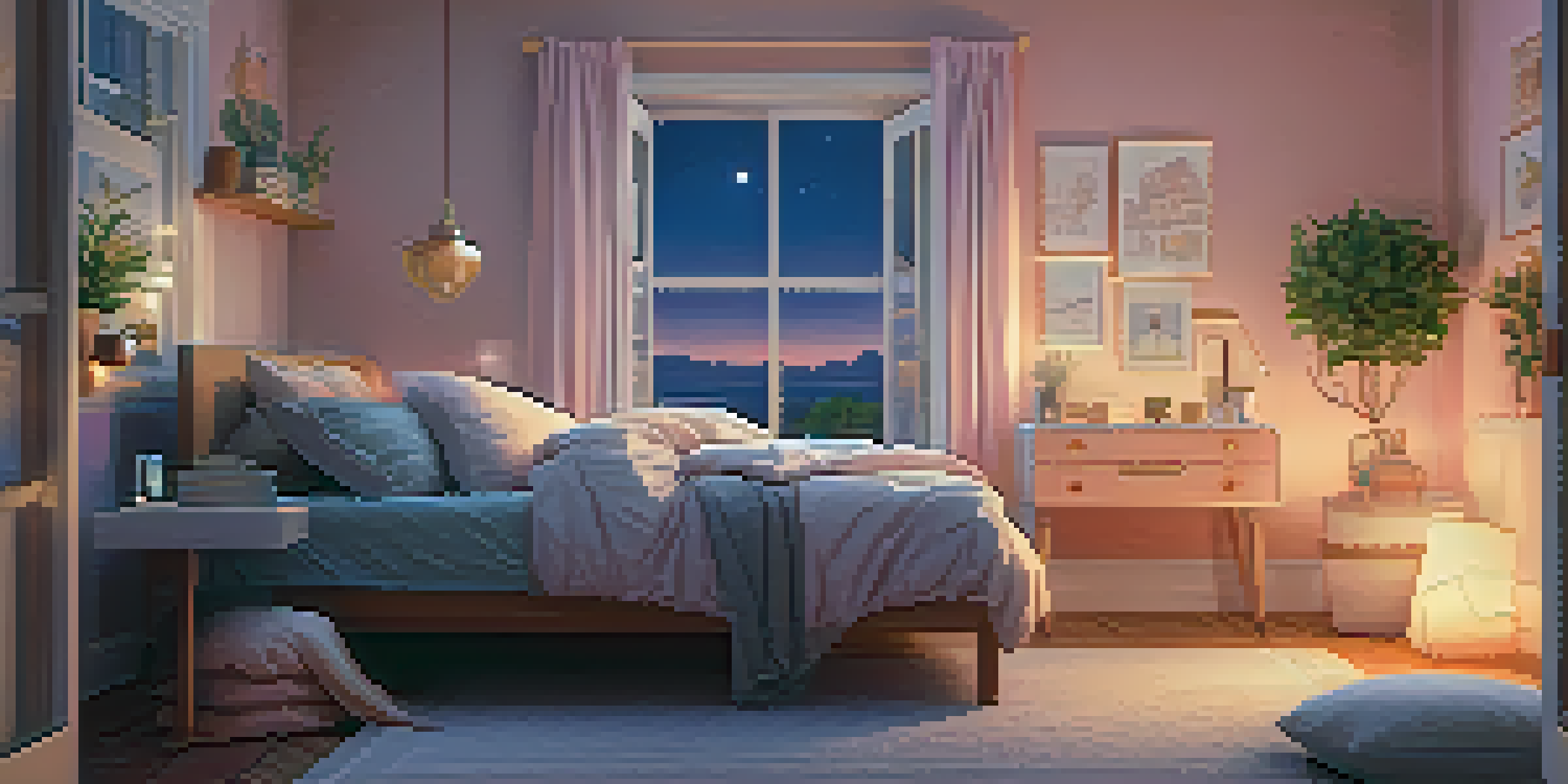 A peaceful bedroom with a person reading a book in bed and a phone resting on the bedside table.