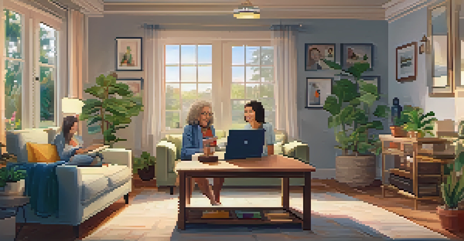 An older adult in a cozy living room making a video call with family, surrounded by family photos and plants.