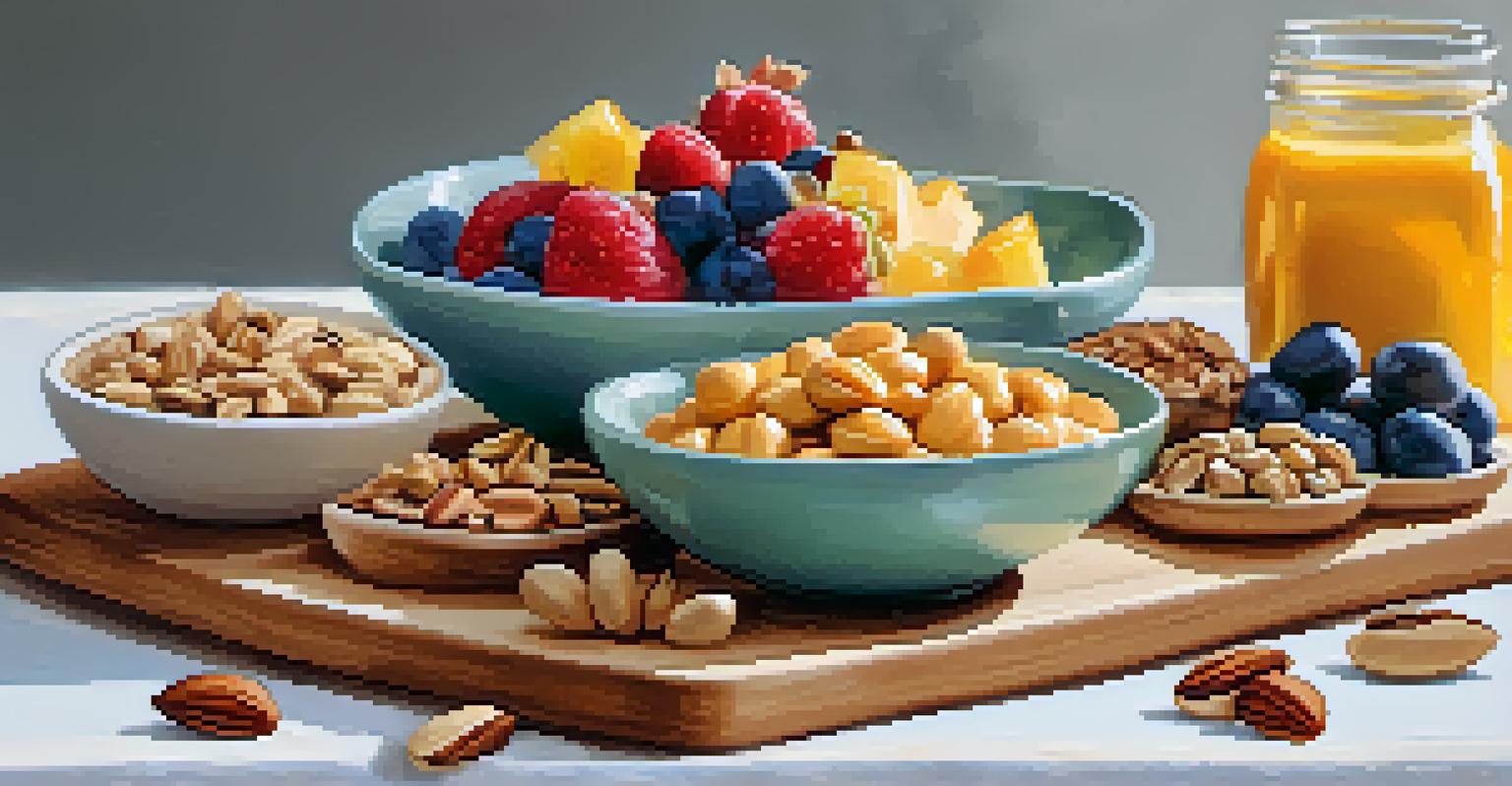 A wooden board displaying healthy snacks like energy bites, fruit slices, and nuts, in a cheerful setting.