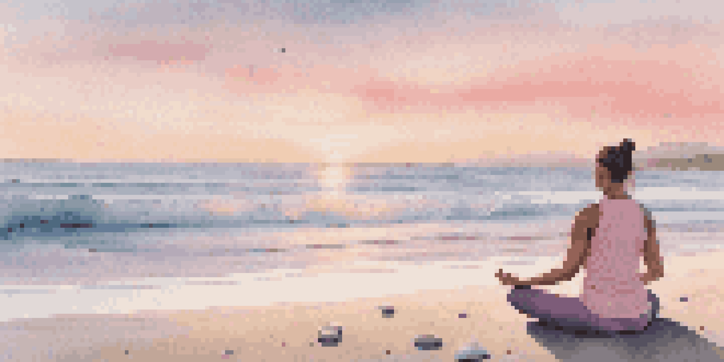 A person practicing yoga on a beach at sunrise, surrounded by gentle waves and colorful sky.