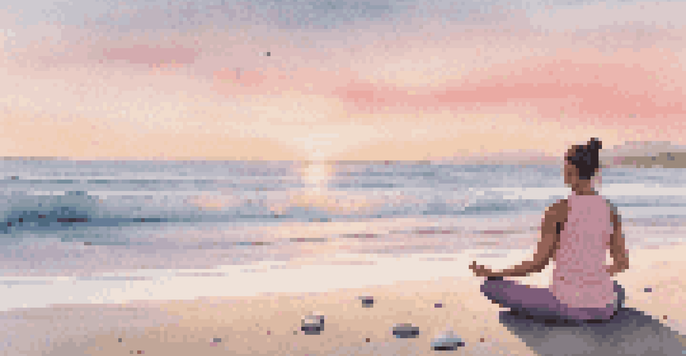 A person practicing yoga on a beach at sunrise, surrounded by gentle waves and colorful sky.