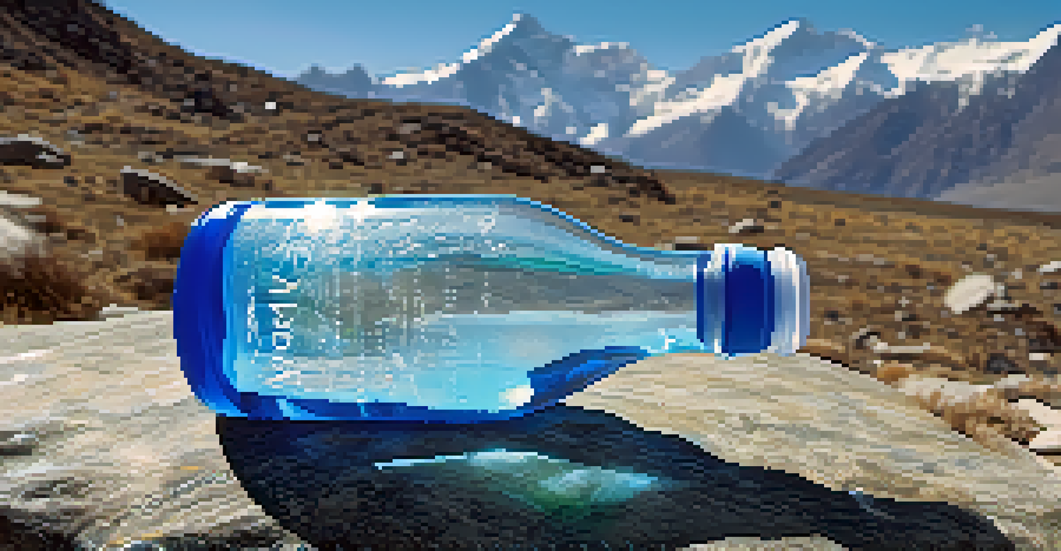 A close-up of a water bottle on rocks with the Himalayas in the background.