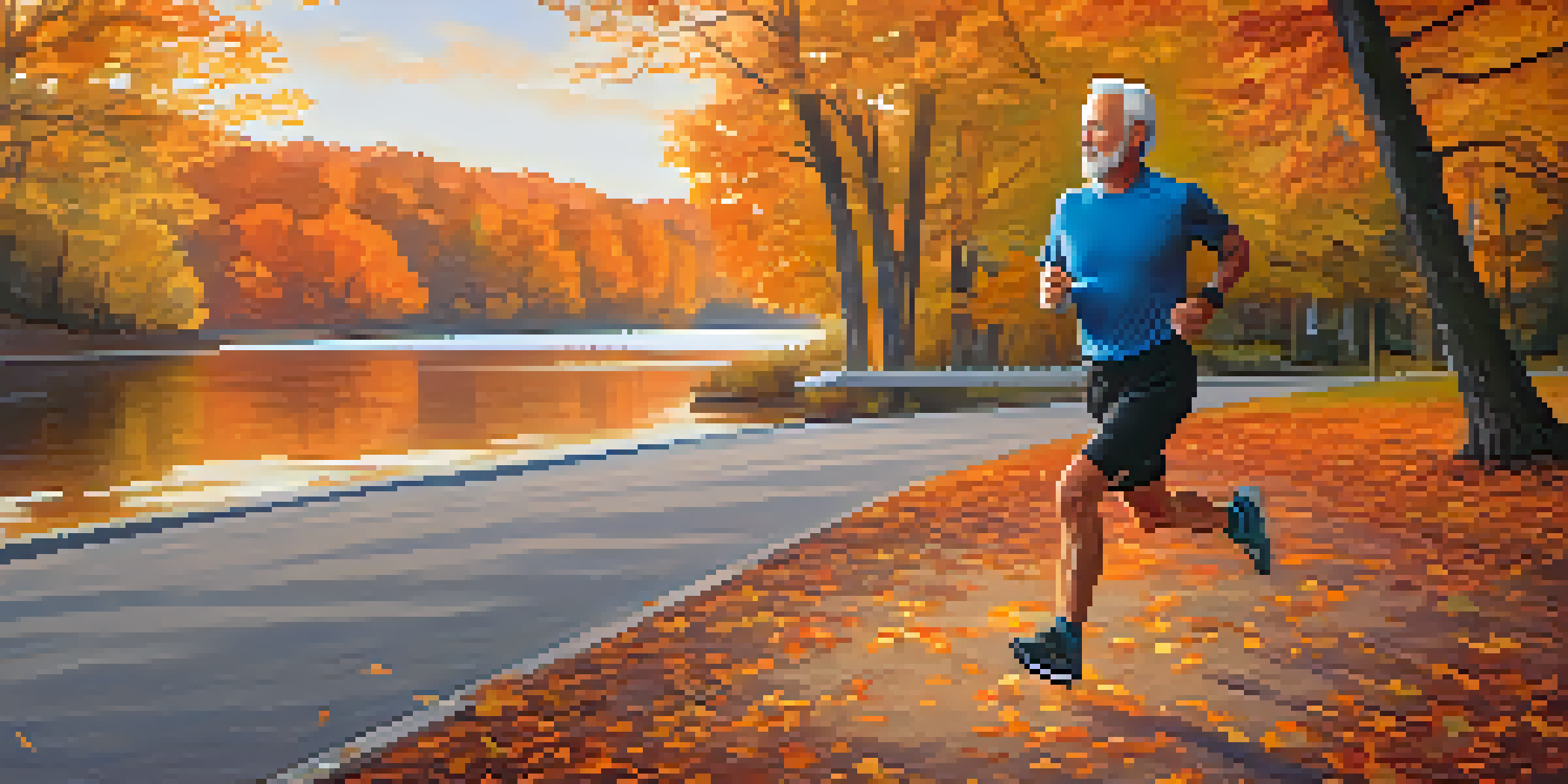 An older man jogs along a park trail during sunset, surrounded by colorful autumn trees and a serene lake in the background.