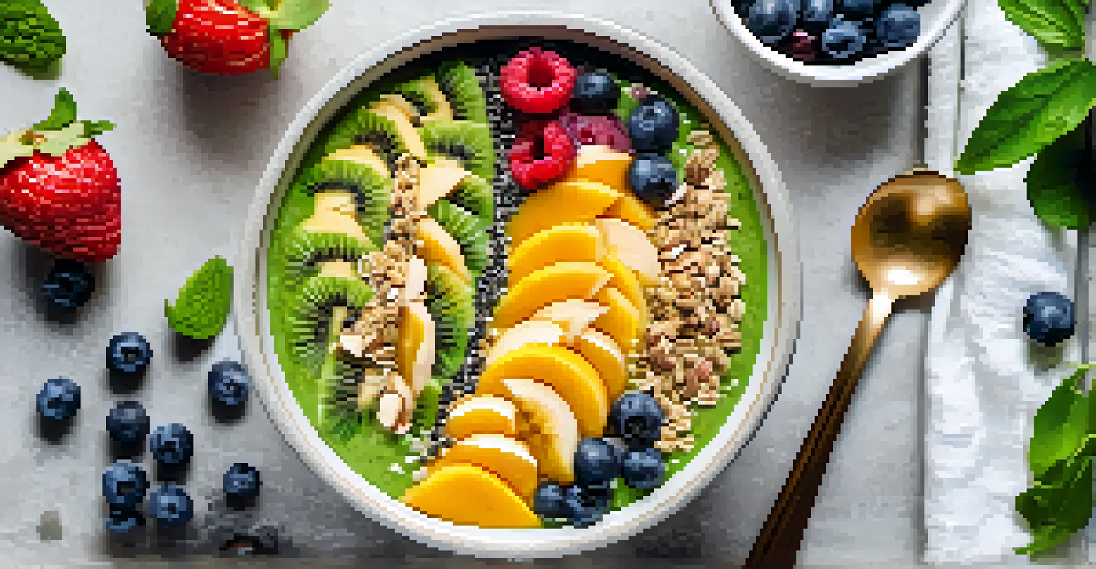 A colorful smoothie bowl topped with seeds and fruits, viewed from above on a white tablecloth.