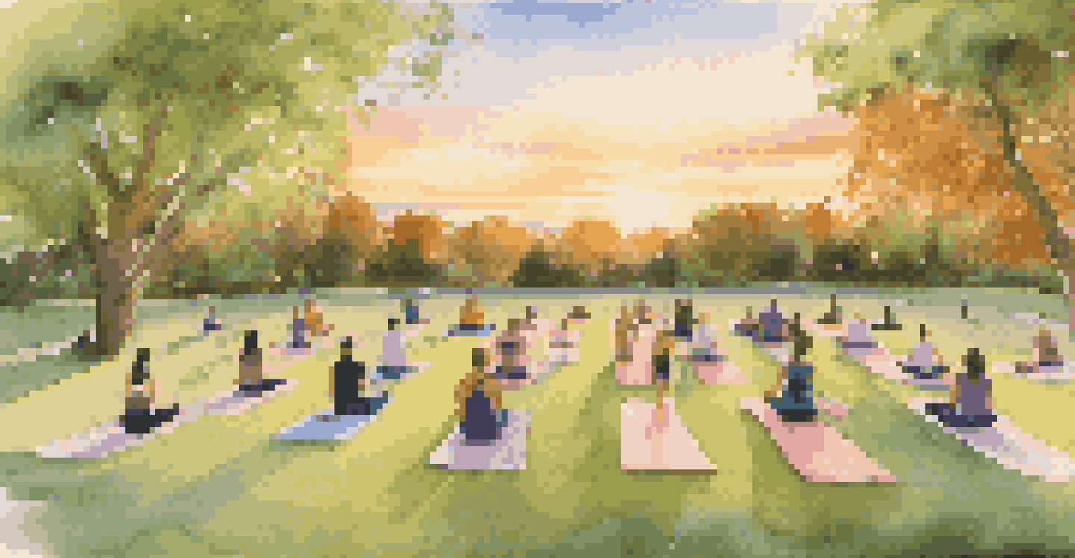 An aerial view of a group practicing dynamic yoga in a park at sunset, with colorful mats and warm sun hues creating a vibrant atmosphere.