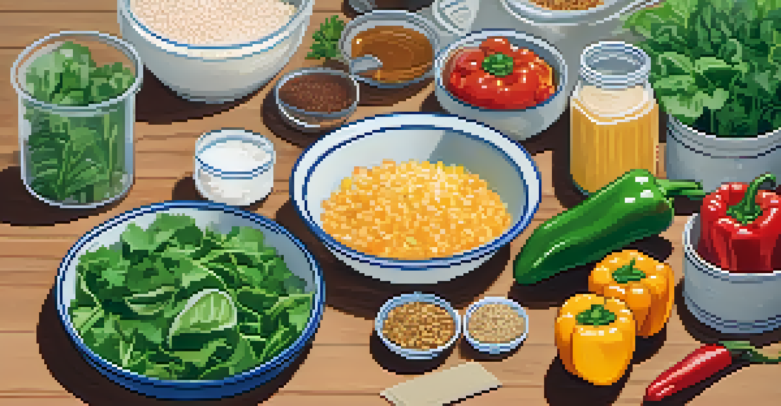 An overhead view of a healthy meal prep scene with colorful ingredients and a recipe book, creating an inviting atmosphere.