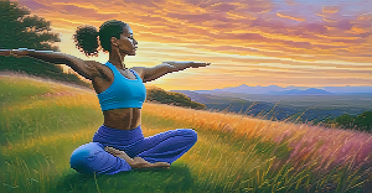 A person practicing Warrior I pose on a grassy hill during sunset, showcasing strength and focus.