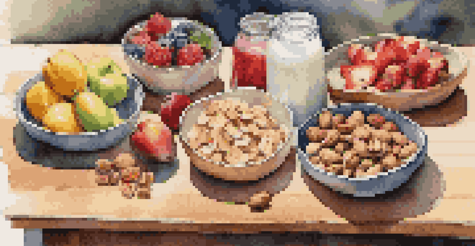 A variety of healthy snacks, including nuts, yogurt, and fruits, displayed on a wooden table with a water bottle.