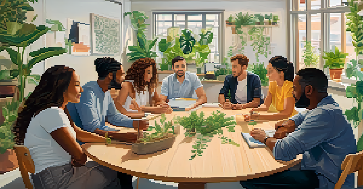 A group of colleagues sitting at a table sharing personal stories in a bright office environment.
