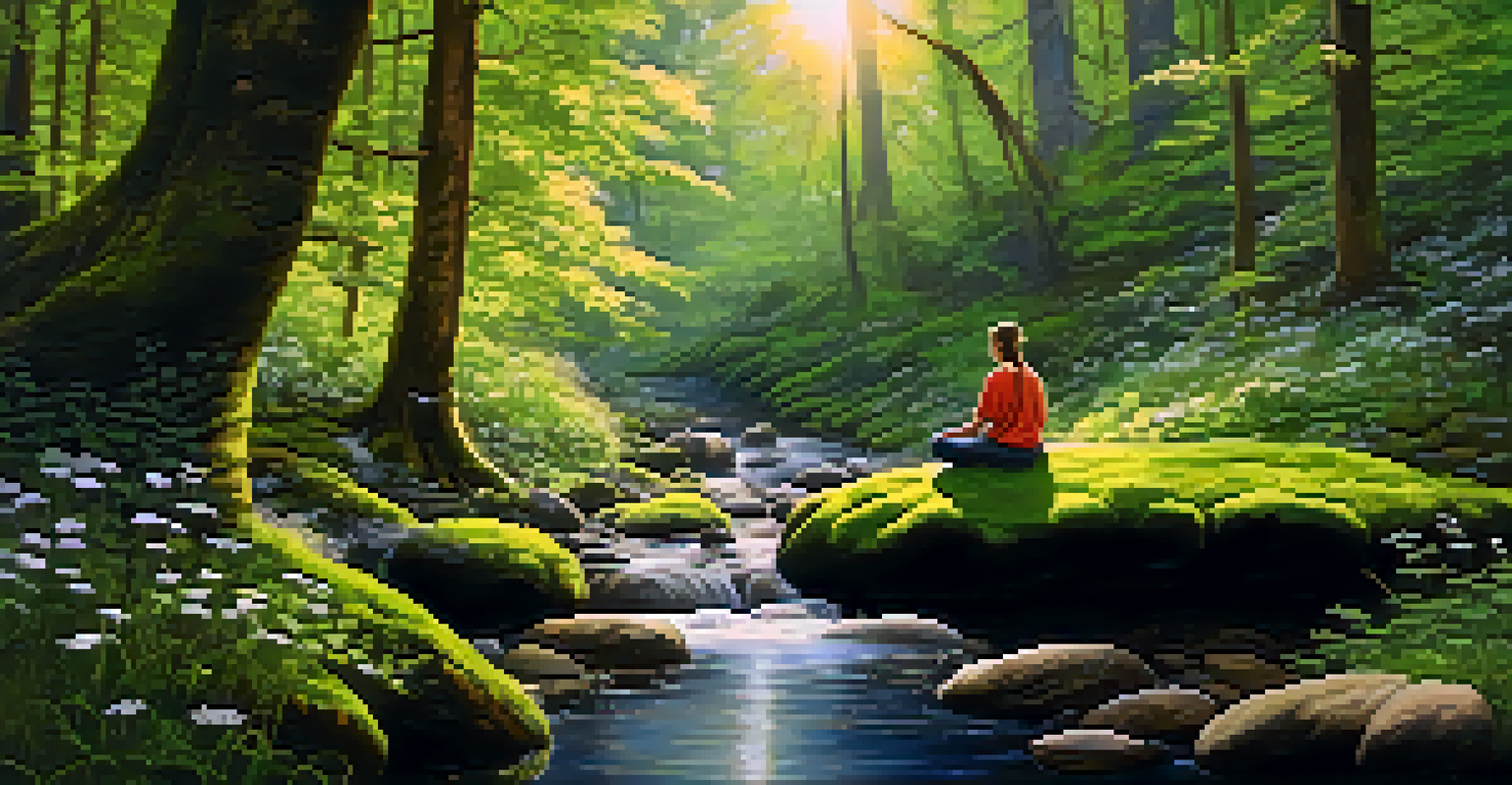 A tranquil forest with sunlight shining through trees, a stream, and a person meditating on a rock.
