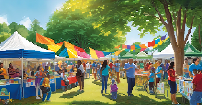 A community health fair with diverse individuals engaging in health support activities, set in a sunny park.