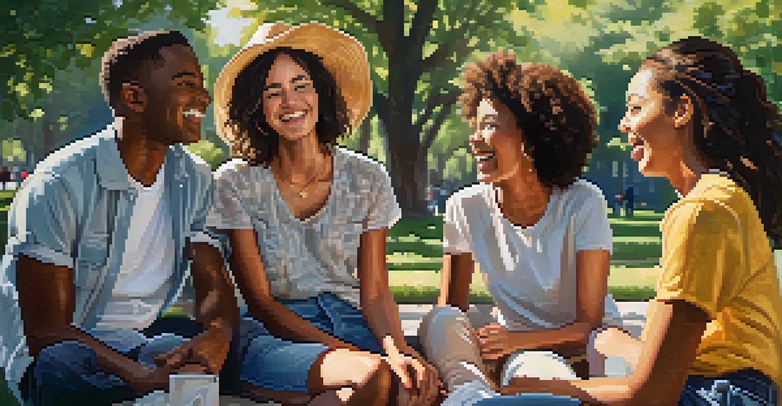 A group of friends laughing and enjoying time together in a sunny park, surrounded by greenery.
