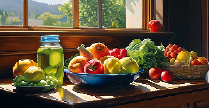 A bright kitchen with fresh fruits and vegetables on a wooden countertop, sunlight streaming through the window, and a glass of water nearby.