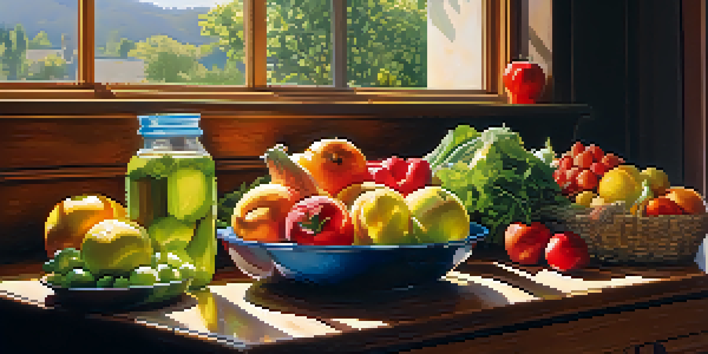 A bright kitchen with fresh fruits and vegetables on a wooden countertop, sunlight streaming through the window, and a glass of water nearby.